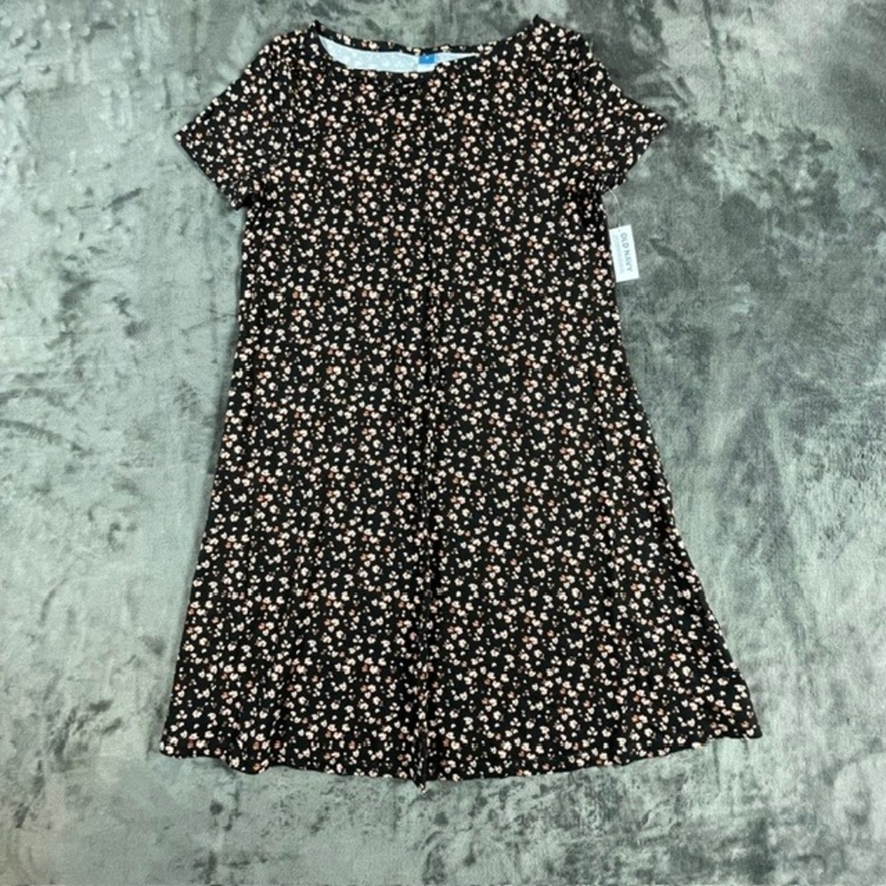 Old Navy Womens Floral Swing Dress Black Pink Short Sleeve Jersey Knit M 908849